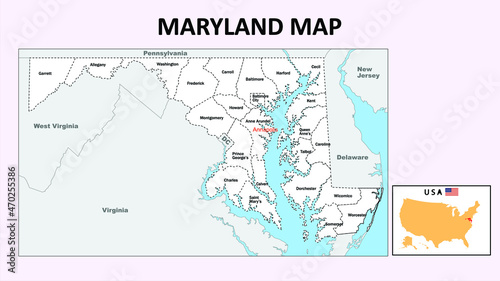 Maryland Map. Political map of Maryland with boundaries in Outline.