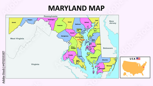 Maryland Map. State and district map of Maryland. Political map of Maryland with neighboring countries and borders.