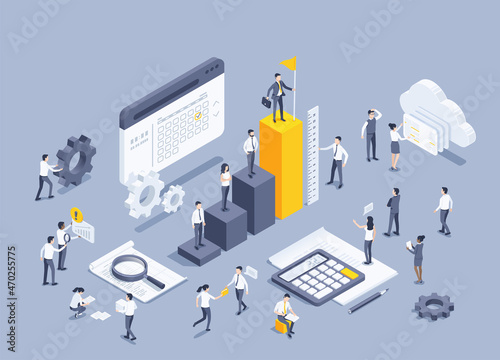isometric vector illustration on a gray background, a man in a business suit with a flag stands on the highest column of the chart and other people working in team on work tasks, achieve result