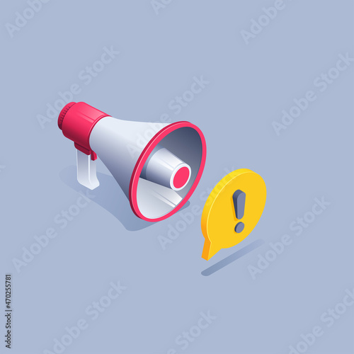 isometric vector illustration on gray background, loudspeaker and text bubble with exclamation mark, important information or alert