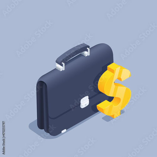 isometric vector illustration on gray background, black business briefcase and gold dollar sign, buying business project