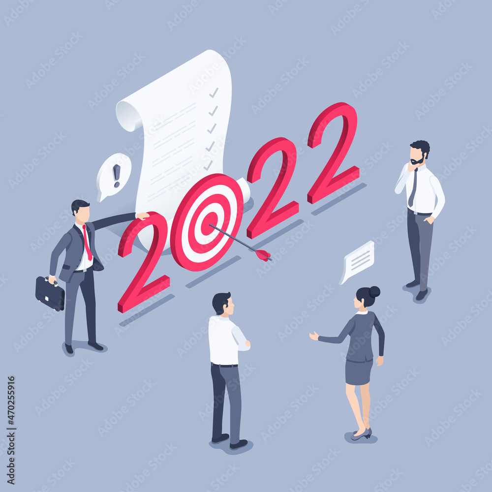 isometric vector illustration on gray background, people in business clothes are discussing the plan for achieving the goal and the number 2022 with target and arrow, planning for success isometric vector illustration on gray background, people in business clothes are discussing the plan for achieving the goal and the number 2022 with target and arrow, planning for success