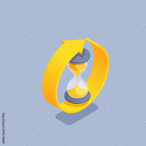 isometric vector illustration on gray background, hourglass inside a round arrow, time passage