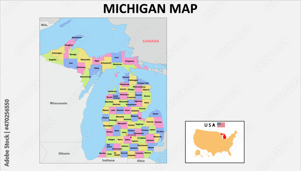 Michigan Map. State and district map of Michigan. Political map of Michigan with neighboring countries and borders.
