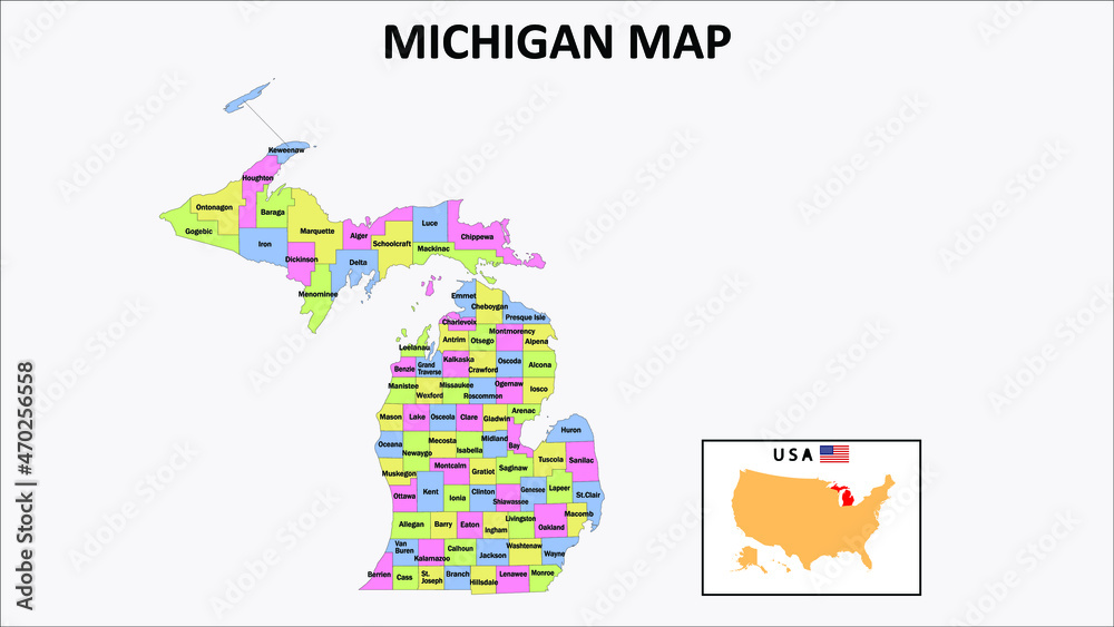 Michigan Map. District map of Iowa in 2020. District map of Michigan in color with capital.