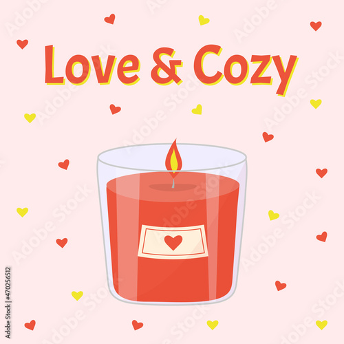 Aromatic candle in glass jar with burning flame light for aromatherapy. Love and cozy text with hearts.