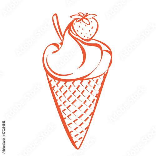 Ice cream with strawberry. Pink countour Icecream in waffle cup hand made drawing