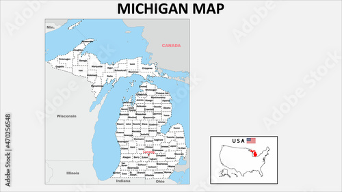 Michigan Map. Political map of Michigan with boundaries in white color.