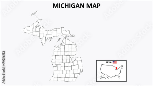 Michigan Map. State and district map of Michigan. Political map of Michigan with outline and black and white design.
