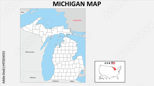Michigan Map. Political map of Michigan with boundaries in Outline.