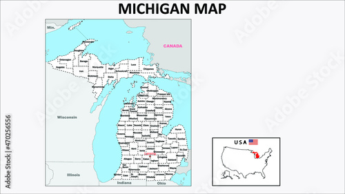 Michigan Map. Political map of Michigan with boundaries in white color.