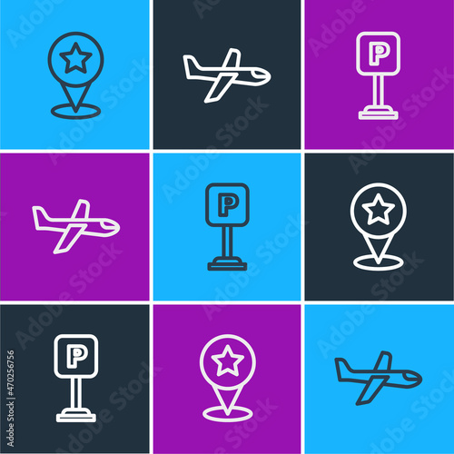 Set line Map pointer with star, Parking and Plane icon. Vector