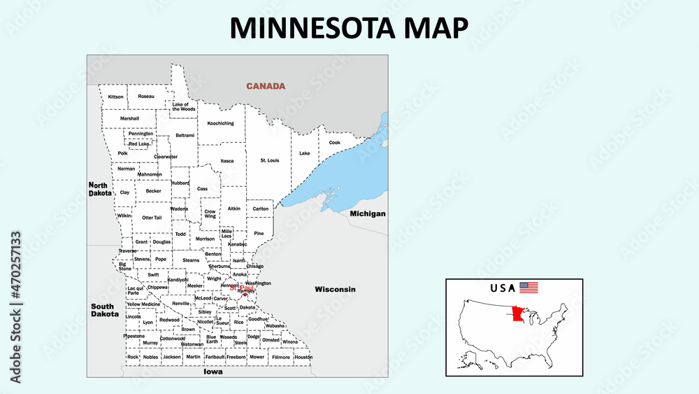 Minnesota Map. Political map of Minnesota with boundaries in white color.