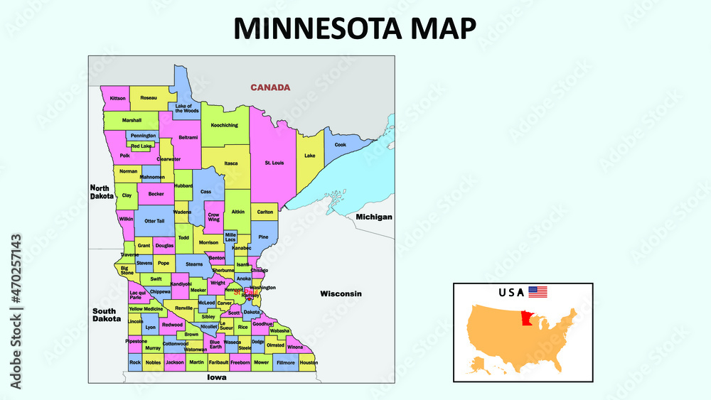 Minnesota Map. State and district map of Minnesota. Political map of Minnesota with neighboring countries and borders. Minnesota Map. State and district map of Minnesota. Political map of Minnesota with neighboring countries and borders.