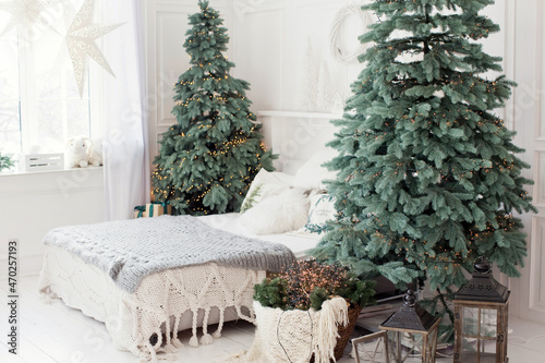 Christmas bedroom with Christmas decorations lights