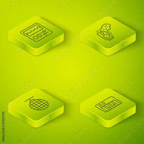 Set Isometric line Stereo speaker, Disco ball, Music synthesizer and Drum machine icon. Vector