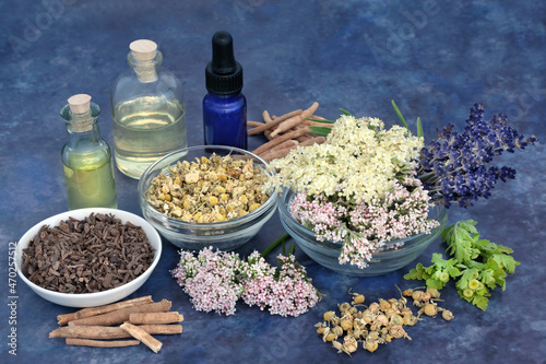 Natural apothecary herbal plant medicine with valerian, chamomile, lavender, ashwagandha, elderflower herbs and flowers. Used as a tranquillizing drug to treat anxiety and insomnia.   photo