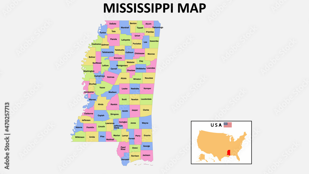 Mississippi Map. District map of Mississippi in 2020. District map of