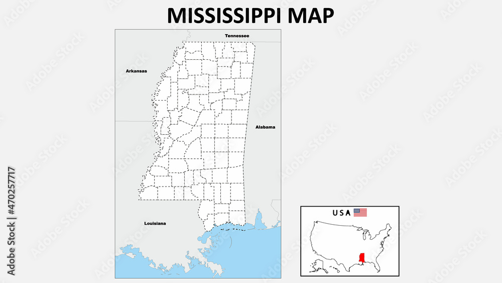 Mississippi Map. Political map of Mississippi with boundaries in Outline.