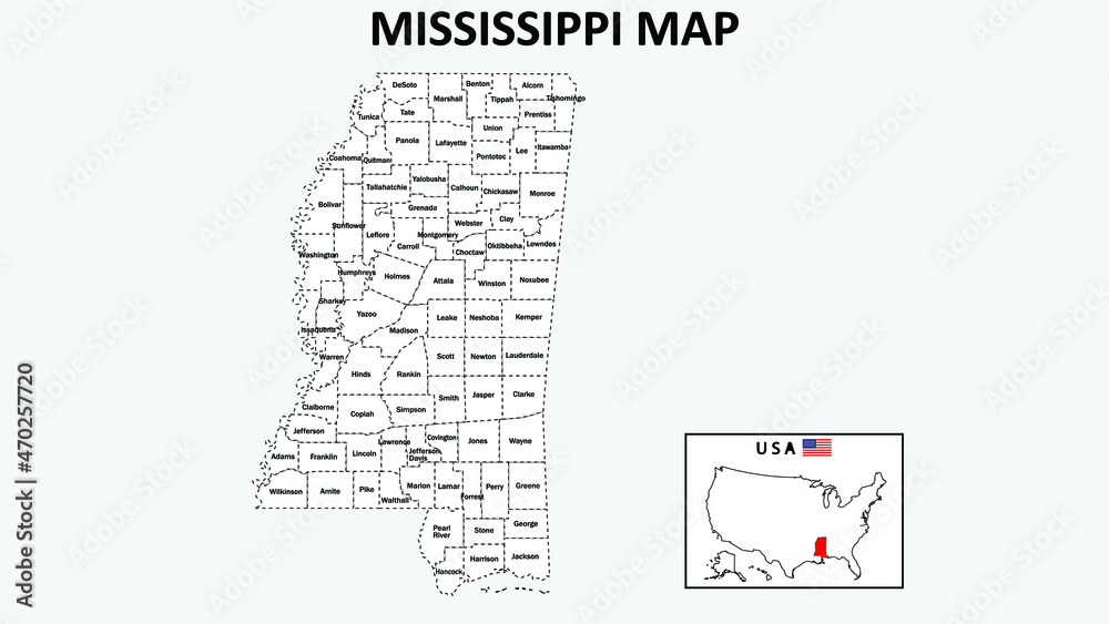 Mississippi Map. State and district map of Mississippi. Administrative