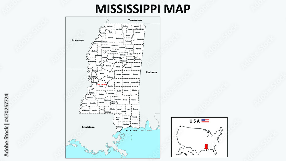 Mississippi Map. Political map of Mississippi with boundaries in white