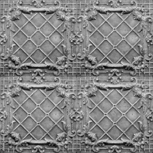 Old decorative painted tin ceiling tiles. Seamless pattern. 