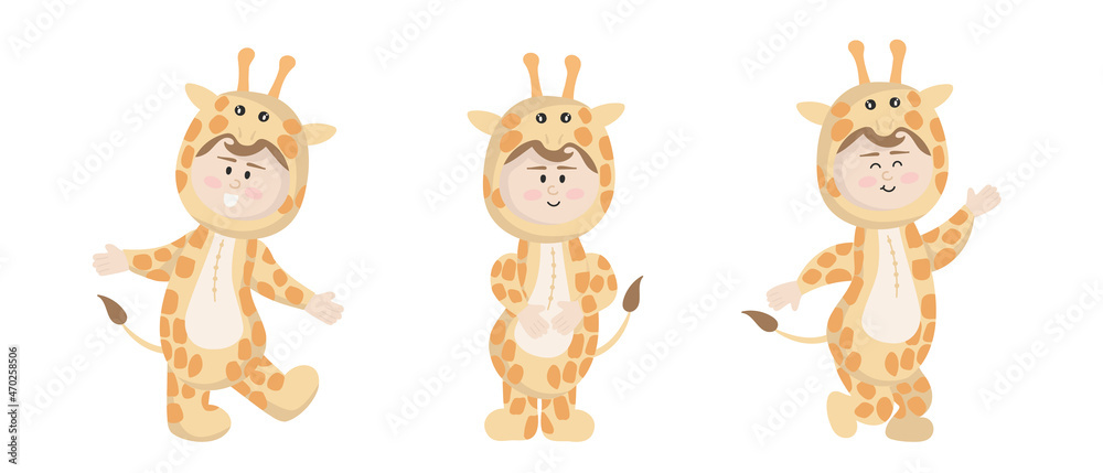 Vector illustration isolated on white background child in animal carnival costume. Cute cartoon baby in a giraffe costume in different poses. Vector illustration isolated on white background child in animal carnival costume. Cute cartoon baby in a giraffe costume in different poses.