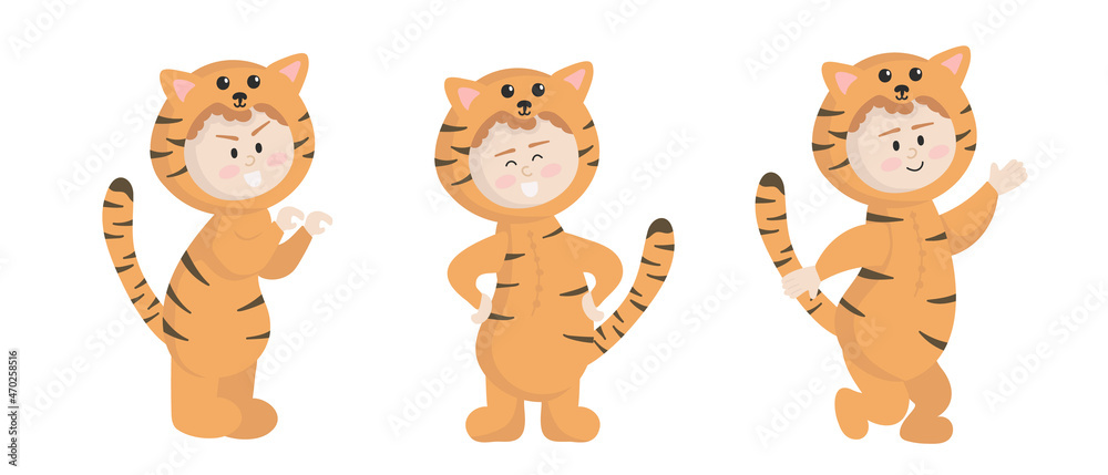 Fototapeta premium Vector illustration isolated on white background child in animal carnival costume. Cute cartoon baby in a tiger costume in different poses.