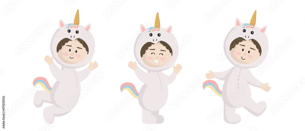 Vector illustration isolated on white background child in animal carnival costume. Cute cartoon baby in a unicorn costume in different poses.