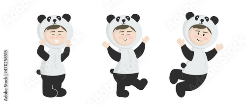 Vector illustration isolated on white background  child in animal carnival costume. Cute cartoon baby in a panda costume in different poses.