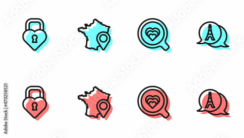 Set line Coffee cup, Castle in the shape heart, Map France and Eiffel tower icon. Vector
