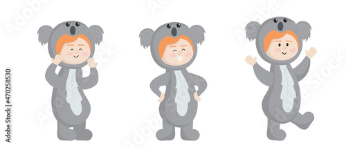 Vector illustrationisolated on white background  child in animal carnival costume. Cute cartoon baby in a koala costume in different poses.