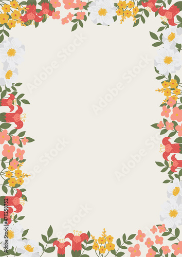 Vector illustration of a floral rectangle frame with flowers. Frame for text, suitable for postcard, wedding invitation, thank you card.Vector border 