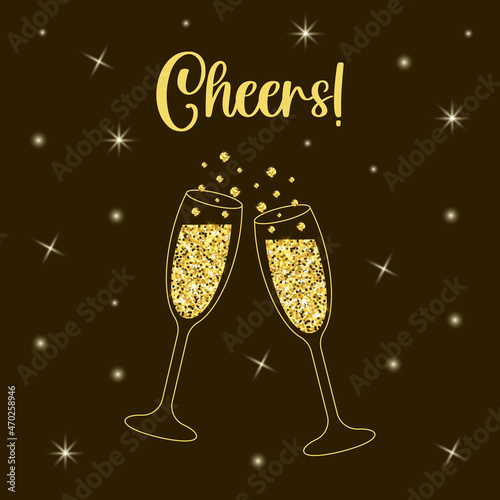 Two sparkling glasses of champagne with gold glitter. Cheers lettering. Dark background with star light.