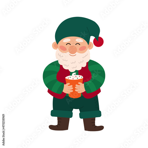 Happy cute Christmas little gnome with a beard. Cute dwarf elf holding warm cocoa. Color vector illustration of a fairy-tale character isolated on a white background.