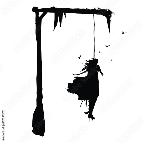 vector drawing of a black silhouette on a white background. A girl in a long fluffy dress hanging on an old wooden gallows. crows are flying nearby, ribbons and drops of blood are hanging down. 2d art