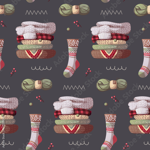 Seamless pattern with knitted clothes, yarn. Merry Christmas, cozy winter, New Year, home comfort, holidays concept. Perfect for wrapping paper, scrapbooking, textile and product design.