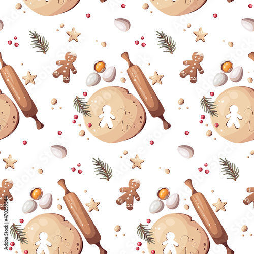 Seamless pattern with Dought, eggs, rolling pin and gingerbread. Merry Christmas, cozy winter, New Year concept. Perfect for wrapping paper, scrapbooking, textile and product design.