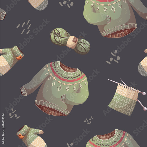 Seamless pattern with knitted sweater, mitten, yarn. Merry Christmas, cozy winter, New Year, home comfort, holidays concept. Perfect for wrapping paper, scrapbooking, textile and product design.