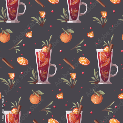 Seamless pattern with Mulled wine, grog, punch. Merry Christmas, cozy winter, New Year, holidays concept. Perfect for wrapping paper, scrapbooking, textile and product design.