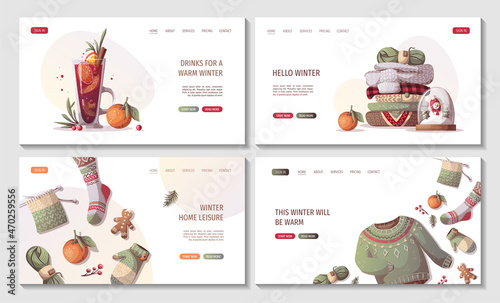 Set of web pages for Merry Christmas, cozy winter, New Year, Warm clothes, home comfort, holidays concept. Vector illustration for poster, banner, website, cover.