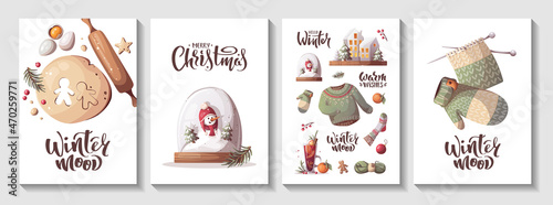 Card set for Merry Christmas and New Year. Mulled wine, knitted clothes, snowman. Cozy winter, home comfort, holidays concept. Vector illustration for poster, banner, card, postcard, cover.