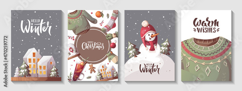 Card set for Merry Christmas and New Year. Snowman, houses, mulled wine, knitted clothes. Cozy winter, home comfort, holidays concept. Vector illustration for poster, banner, card, postcard, cover. photo