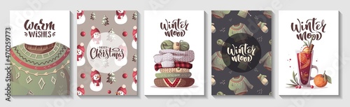 Card set for Merry Christmas and New Year. Snowman, houses, mulled wine, knitted clothes. Cozy winter, home comfort, holidays concept. Vector illustration for poster, banner, card, postcard, cover.