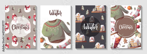 Card set for Merry Christmas and New Year. Snowman, houses, mulled wine, knitted clothes. Cozy winter, home comfort, holidays concept. Vector illustration for poster, banner, card, postcard, cover.