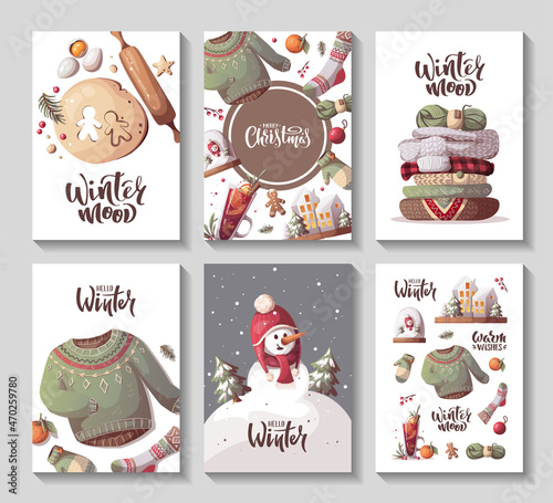 Card set for Merry Christmas and New Year. Mulled wine, knitted clothes, snowman. Cozy winter, home comfort, holidays concept. Vector illustration for poster, banner, card, postcard, cover.