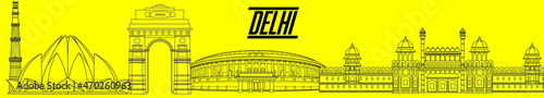Delhi skyline, New Delhi city, Line Art Vector illustration with all famous buildings, New Delhi buildings set, panoramic view