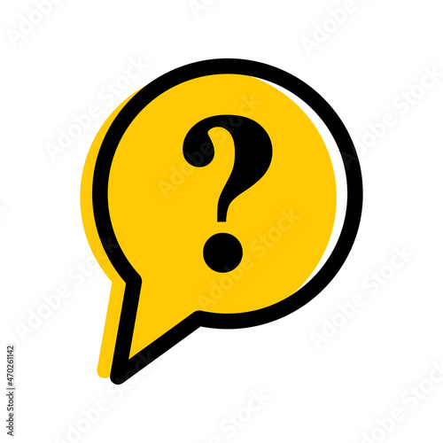 Vector illustration of question mark in yellow speech bubble. General question icon vector design template isolated on white background. Inquiry sign. Enquiry symbol.