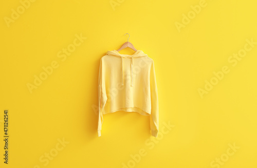 Modern hoodie hanging on color wall