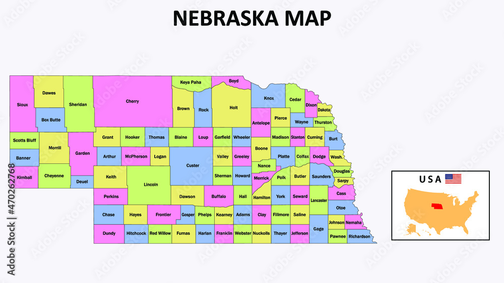 Nebraska Map. District map of Nebraska in 2020. District map of